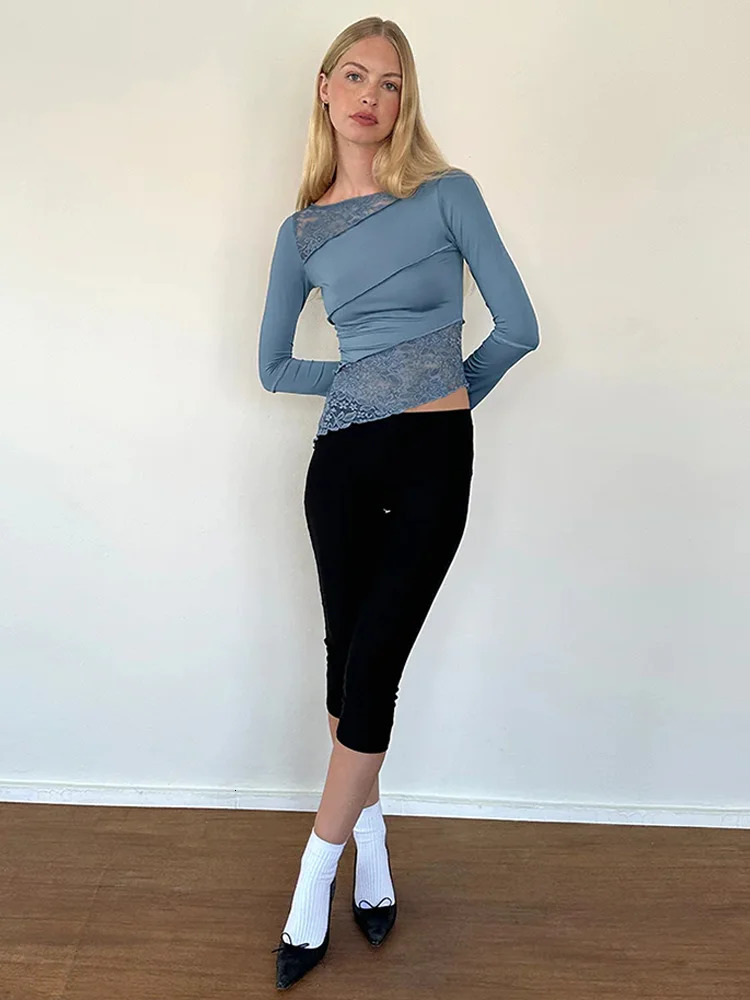 Absobe Lace Asymmetrical Patchwork Crop Top Women Crew T-shirt Petal Sleeve Sheer Versatile Slim Tee tie Outfit Streetwear 240125