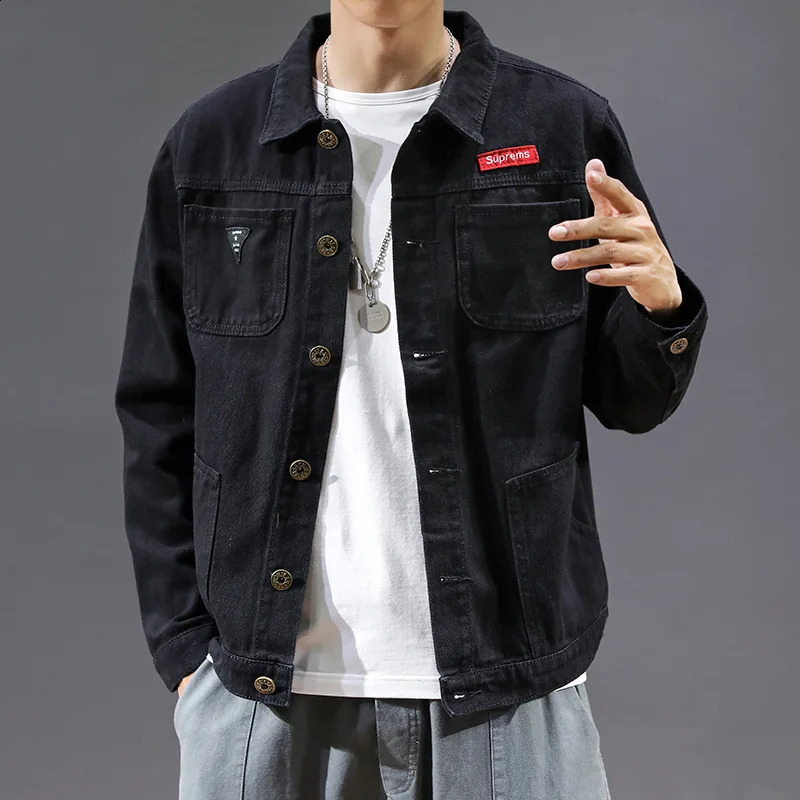2023 Spring Autumn Men Black Denim Jacket Mens AllMatch Korean Casual Fashionable Male Camouflage Work Shirt Top 240202