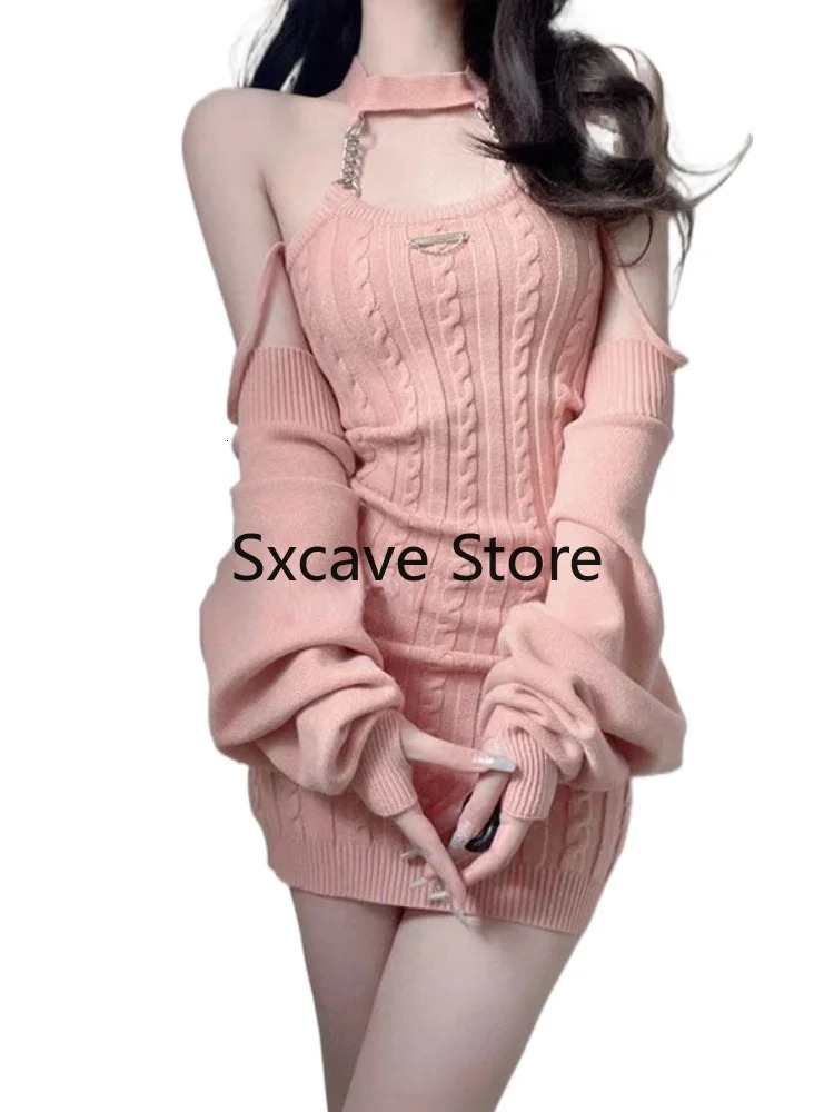 Autumn Pink Knitted Suits Office Lady Casual Y2k Crop Tops Mini Dress Korea Fashion Clothing Even Party 2 Piece Dress Set 240202
