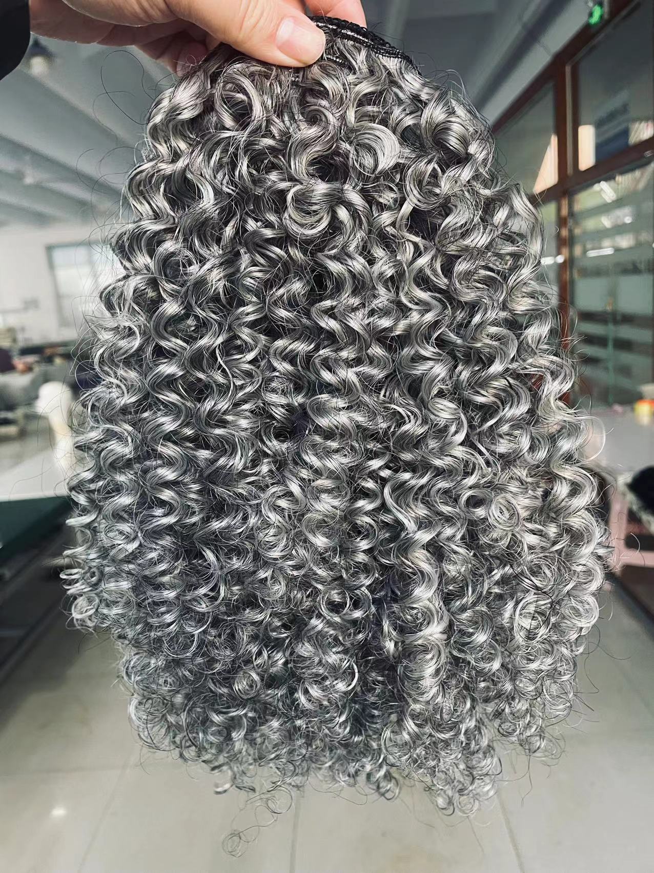 Gray salt and pepper human hair ponytail extension clip ins, Crochet braids Grey kinky curly black silver mixed Gray ombre hairpiece drawstring ponny 