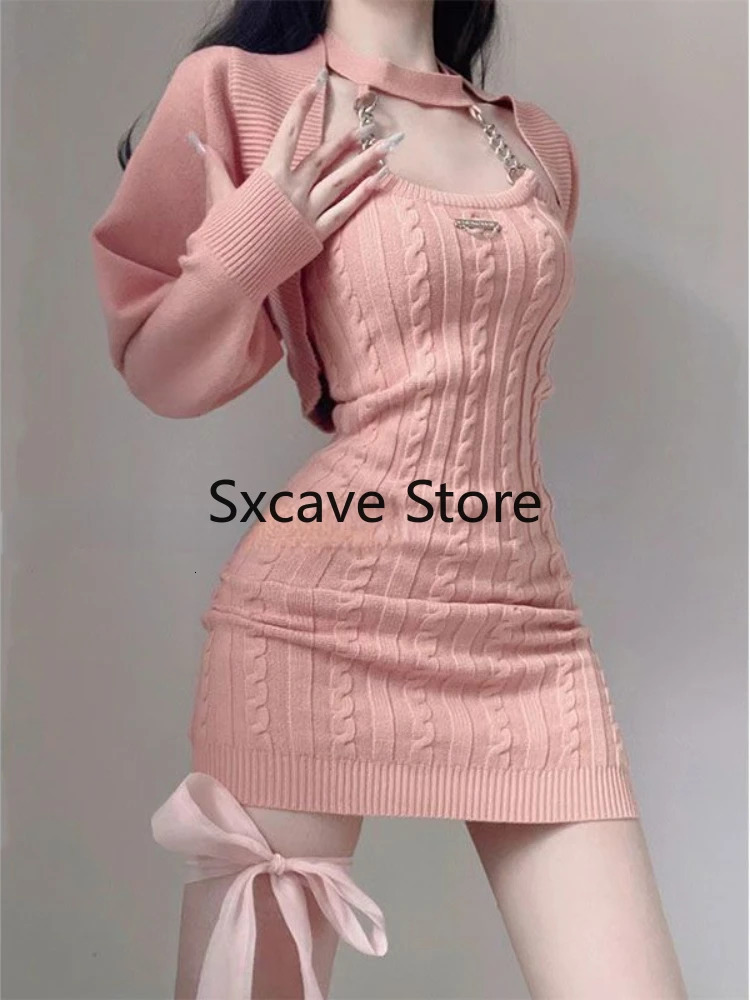 Autumn Pink Knitted Suits Office Lady Casual Y2k Crop Tops Mini Dress Korea Fashion Clothing Even Party 2 Piece Dress Set 240202