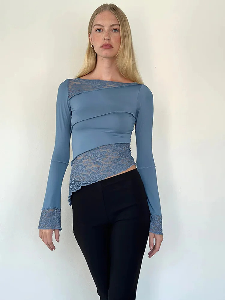 Absobe Lace Asymmetrical Patchwork Crop Top Women Crew T-shirt Petal Sleeve Sheer Versatile Slim Tee tie Outfit Streetwear 240125