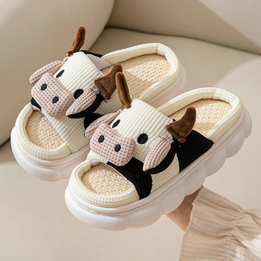 Cute Cartoon Slippers Kids Soft Cotton Linen Children Slippers Thick Bottom Home Shoes Funny Frog Cow Slides Outdoor Beach Shoes 240118