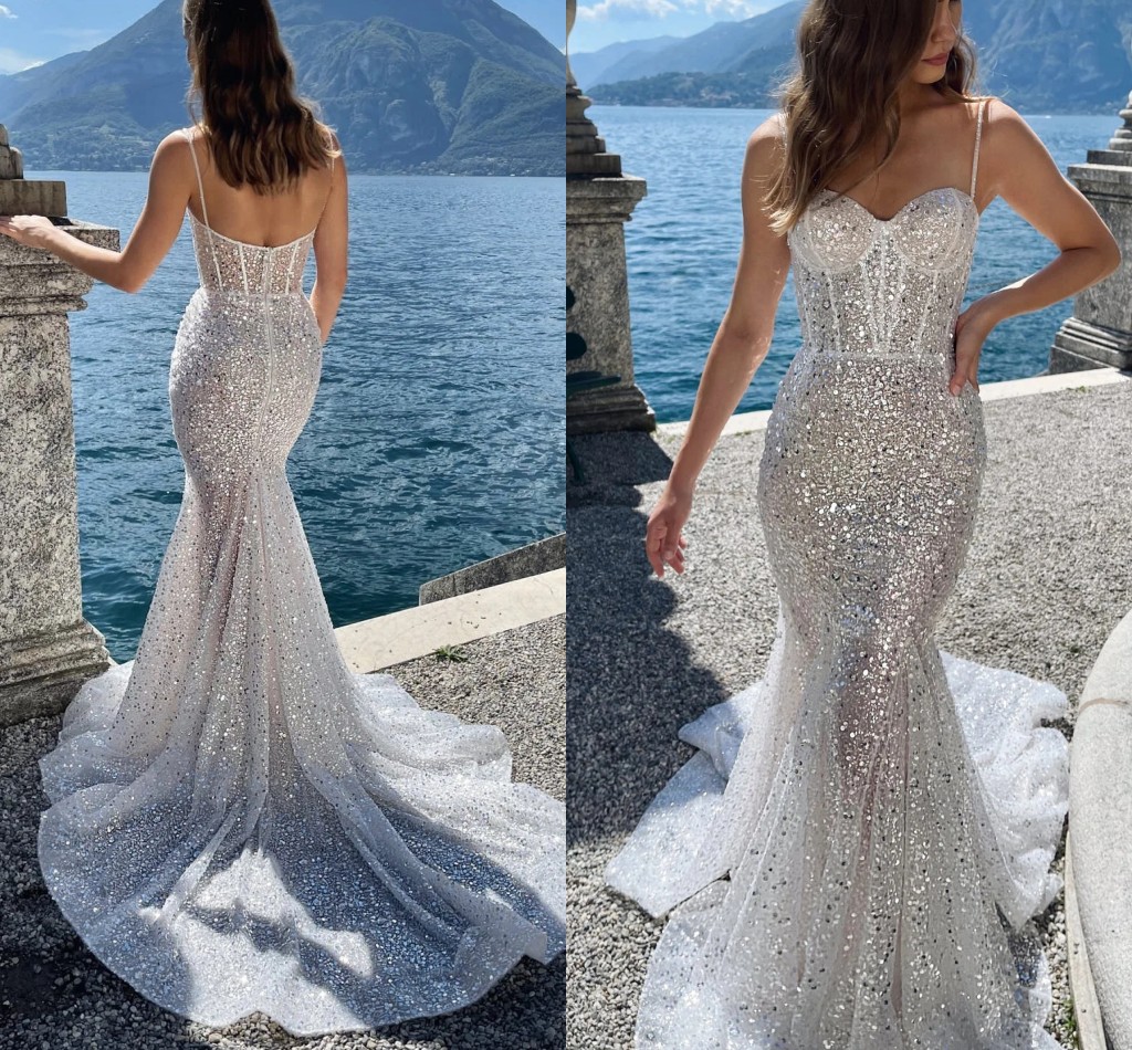 Shiny Mermaid Wedding Dress Spaghetti Strap Sequins Sweetheart Sleeveless Long Train Boho Bridal Gowns Vestidos De Novia