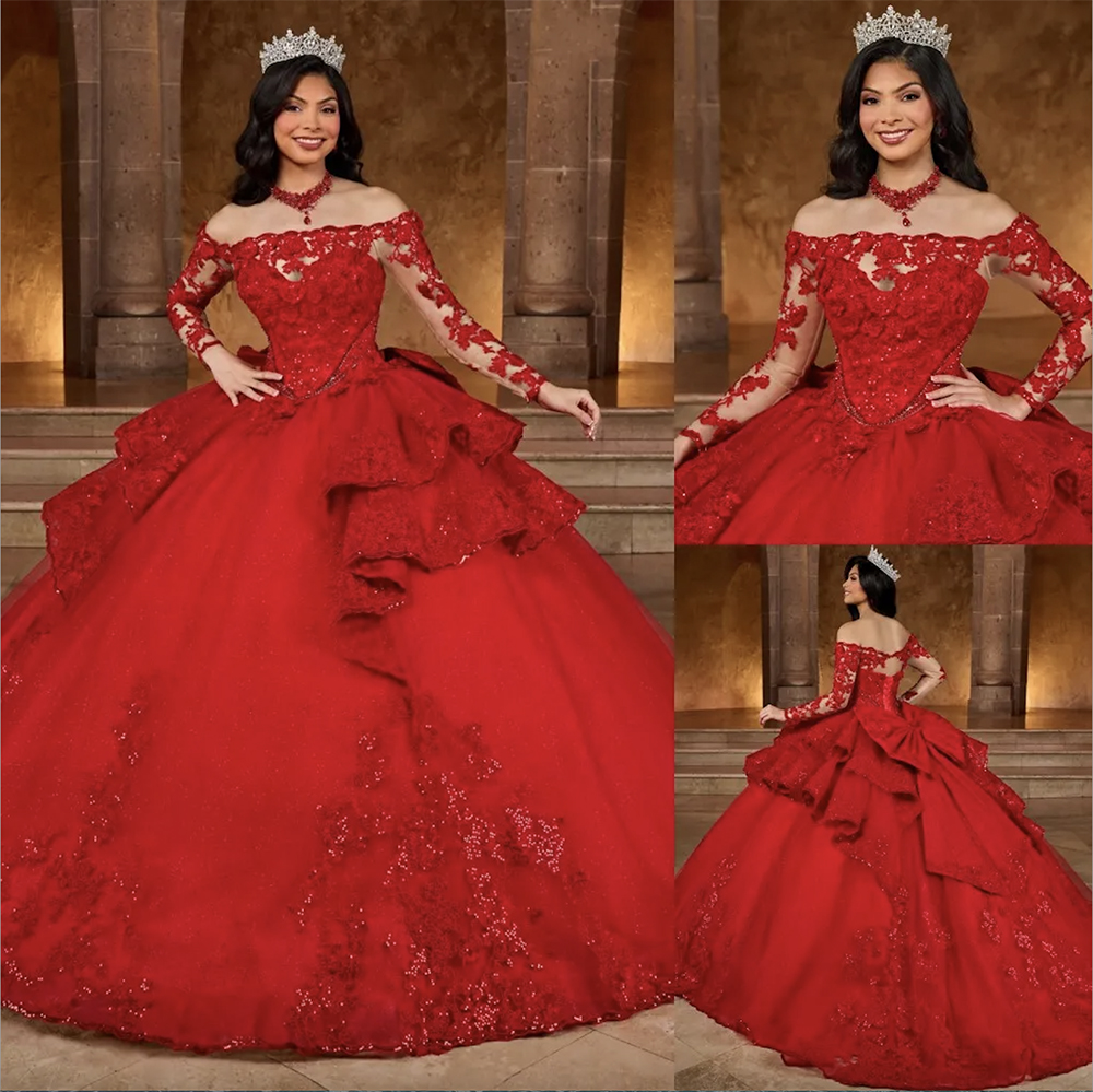 Red Ball Gown Lace Quinceanera Dresses Appliqued Prom Gowns With Long Sleeves Sequined Off The Shoulder Necke Tulle Sweet Masquerade Dress 6660306