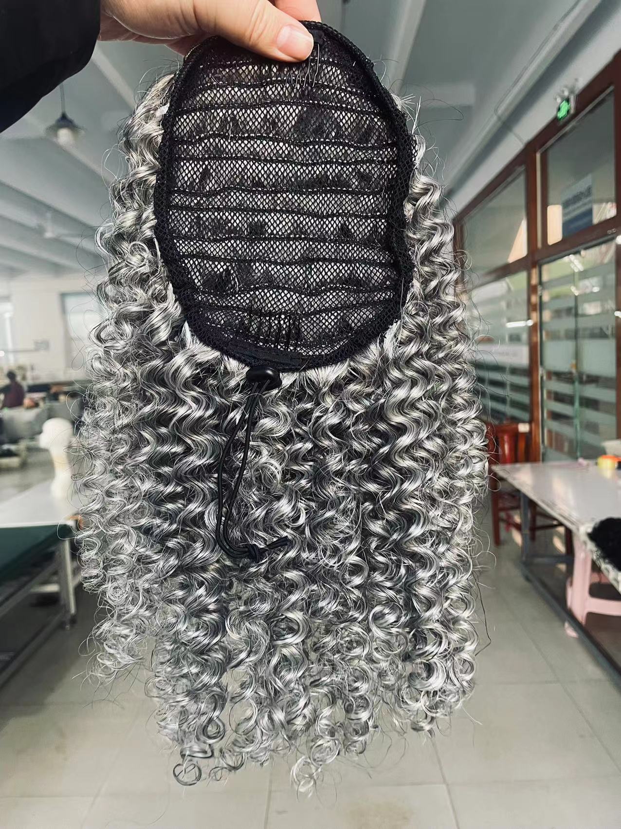 Gray salt and pepper human hair ponytail extension clip ins, Crochet braids Grey kinky curly black silver mixed Gray ombre hairpiece drawstring ponny 