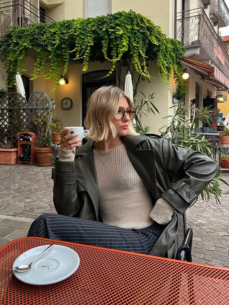 Autumn Long Soft Faux Leather Trench Coat Women Loose Long Sleeve Waterproof Coat Fashion Double Breasted Outerwear Coats 240202