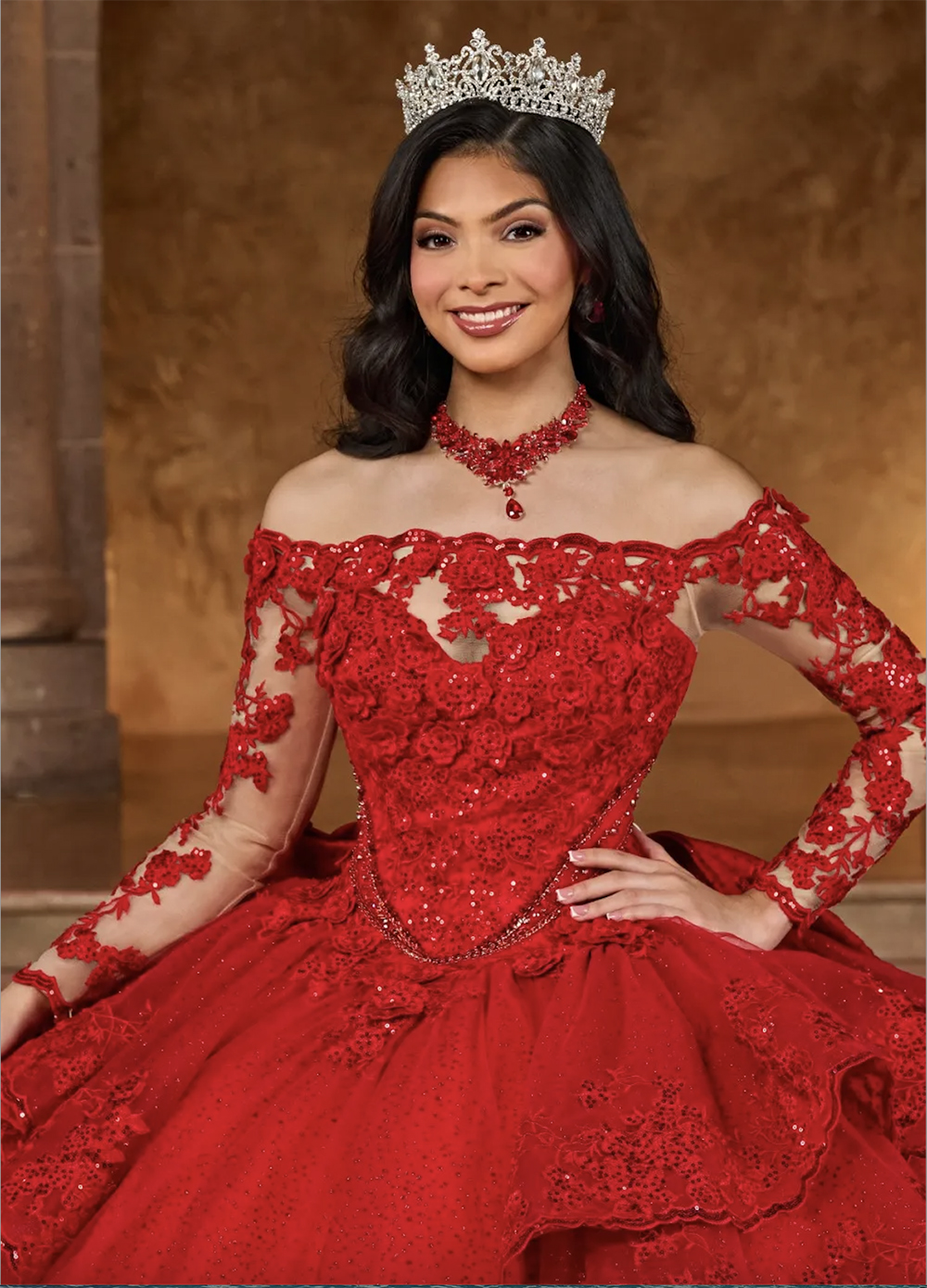 Red Ball Gown Lace Quinceanera Dresses Appliqued Prom Gowns With Long Sleeves Sequined Off The Shoulder Necke Tulle Sweet Masquerade Dress 6660306