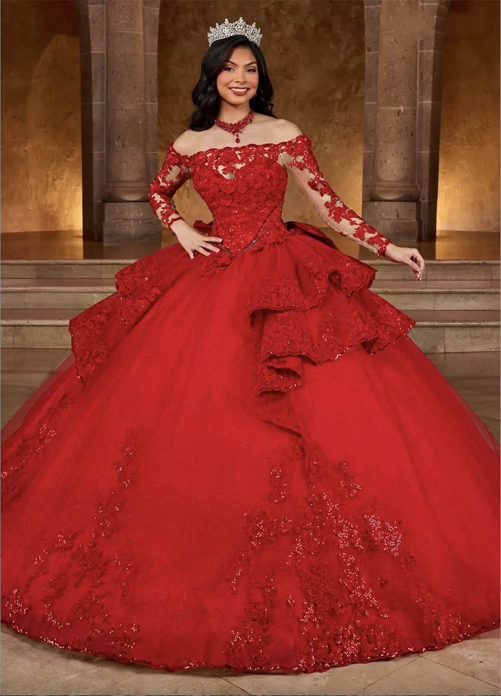 Red Ball Gown Lace Quinceanera Dresses Appliqued Prom Gowns With Long Sleeves Sequined Off The Shoulder Necke Tulle Sweet Masquerade Dress 6660306