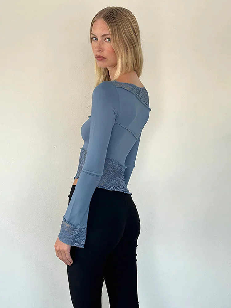 Absobe Lace Asymmetrical Patchwork Crop Top Women Crew T-shirt Petal Sleeve Sheer Versatile Slim Tee tie Outfit Streetwear 240125
