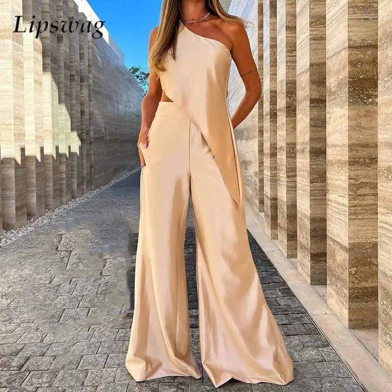 Fashion Solid Irregular Tops Elegant Set Sexy One Shoulder Slant Collar Party Two Piece Women High Waist Wide Leg Pants Sets 240130