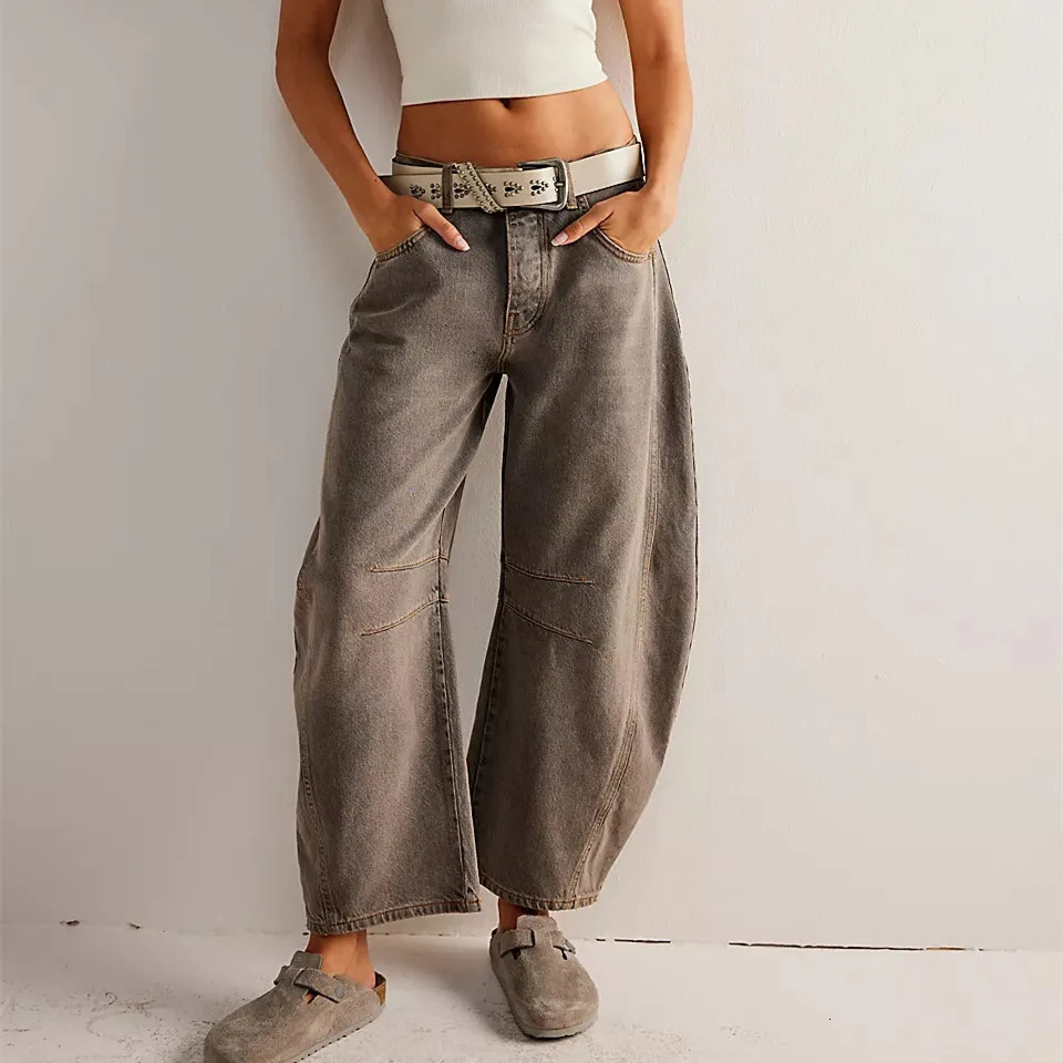Women Vintage Mid Waist Jeans Wide Leg Loose Boyfriend Denim Cropped Pants Straight Rise Y2k Barrel 240127