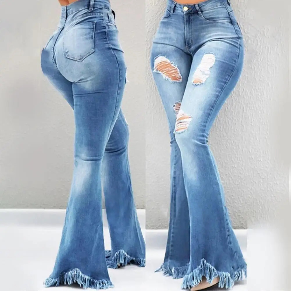 Full Length Denim Women Flared Pants High Waist Pockets Ripped Holes Bell Bottom Trousers Tassel Cuffs Pant Jeans y250121