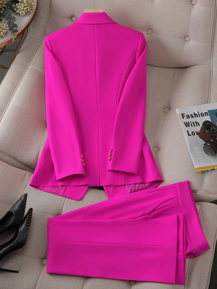 Fashion Pink Green Black Ladies Work Wear Pant Suit Women Female Button Decoration Formal Jacket Blazer and Trouser 2 Piece Set 240127
