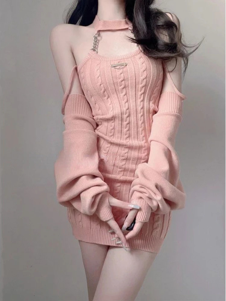 Autumn Pink Knitted Suits Office Lady Casual Y2k Crop Tops Mini Dress Korea Fashion Clothing Even Party 2 Piece Dress Set 240202