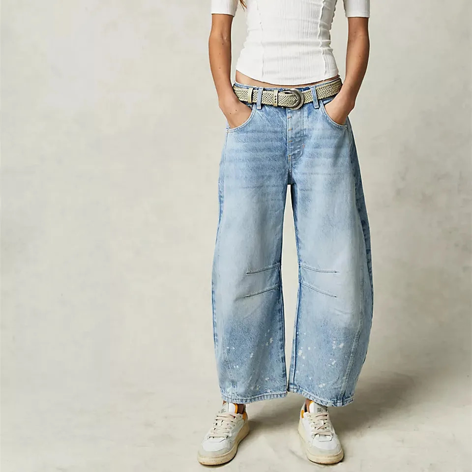 Women Vintage Mid Waist Jeans Wide Leg Loose Boyfriend Denim Cropped Pants Straight Rise Y2k Barrel 240127