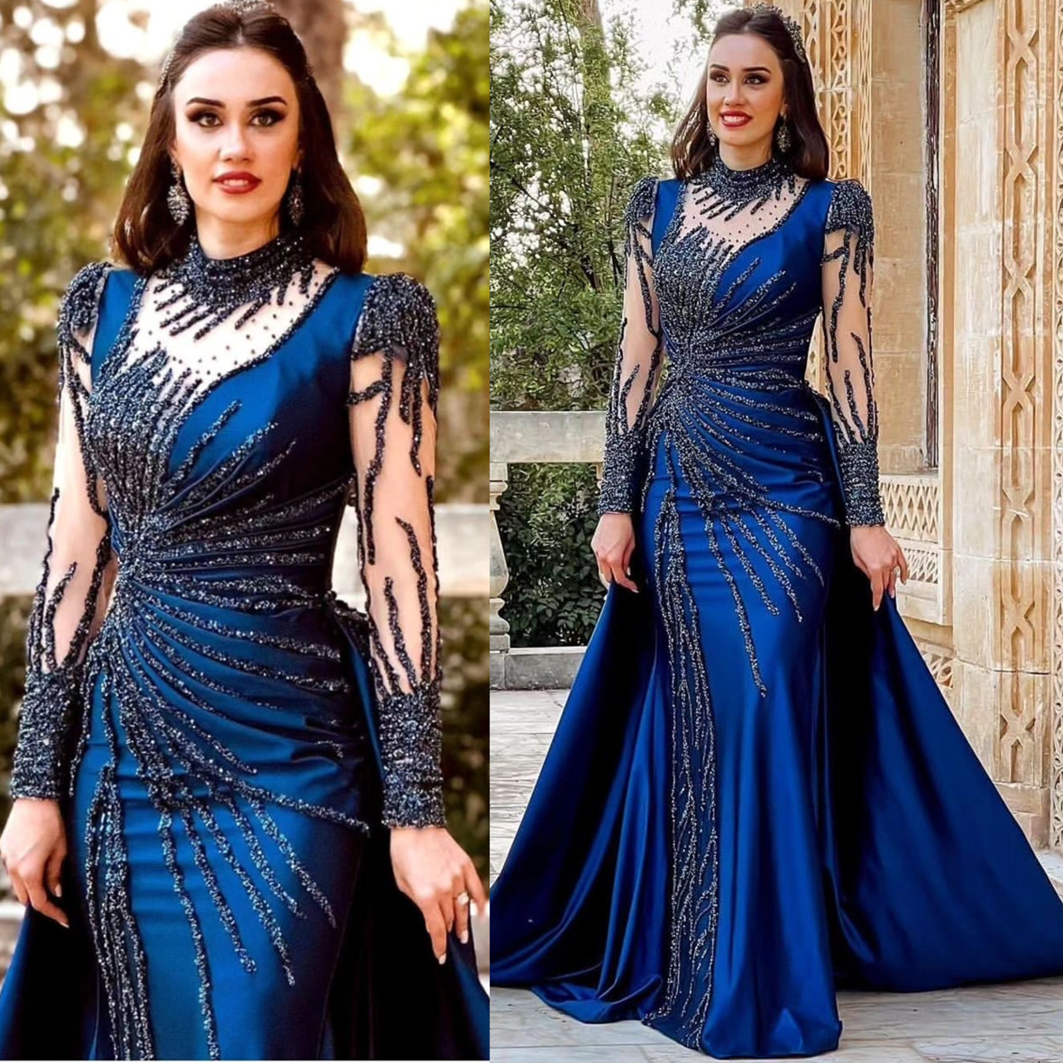 2024 Aso Ebi Navy Blue Mermaid Prom Dress Sequined Lace Satin Beaded Evening Formal Party Second Reception Birthday Engagement Gowns Dresses Robe De S