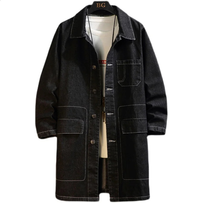 Men Fleece Warm Long Jean Jacket Winter Women Big Pockets Turndown Collar Trenchcoat Outerwear Fashion Black Loose Denim Coats 240202