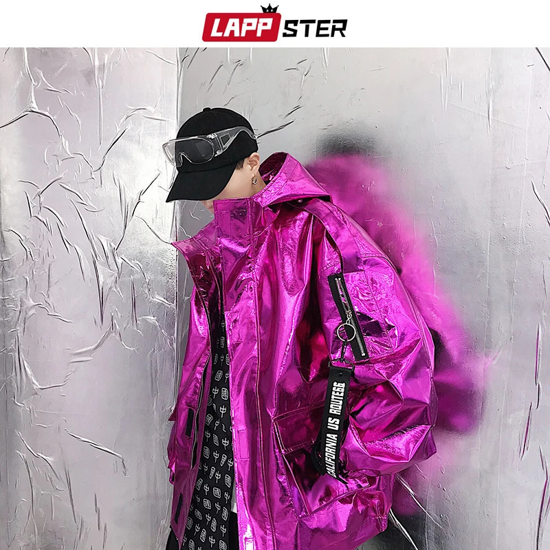 LAPPSTER Men Streetwear Reflective Bomber Jacket Mens Hip Hop PU Jacket Windbreaker Fashion INS Varsity Jacket Coats 240126