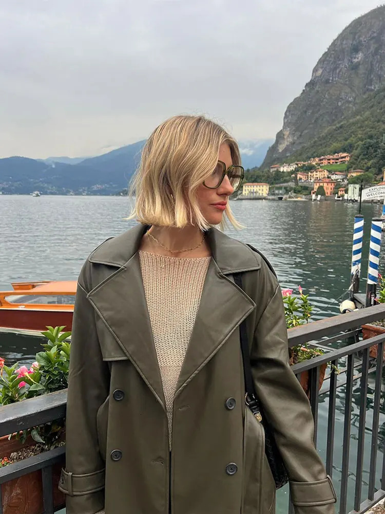 Autumn Long Soft Faux Leather Trench Coat Women Loose Long Sleeve Waterproof Coat Fashion Double Breasted Outerwear Coats 240202