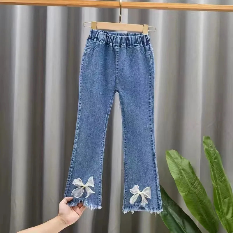 Spring Fashion Kids Jeans Girls Holes Jeans Toddler Baby High Quality Letter Print Elastic Waist Jeans Teen Tight Pencil Pants 240118