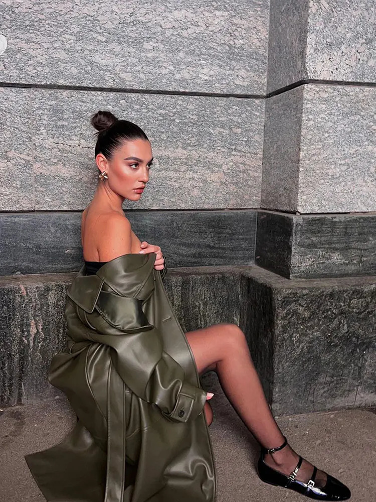 Autumn Long Soft Faux Leather Trench Coat Women Loose Long Sleeve Waterproof Coat Fashion Double Breasted Outerwear Coats 240202