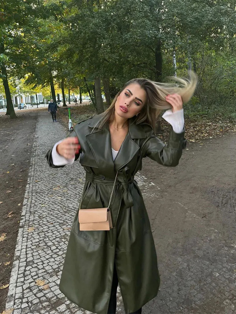 Autumn Long Soft Faux Leather Trench Coat Women Loose Long Sleeve Waterproof Coat Fashion Double Breasted Outerwear Coats 240202