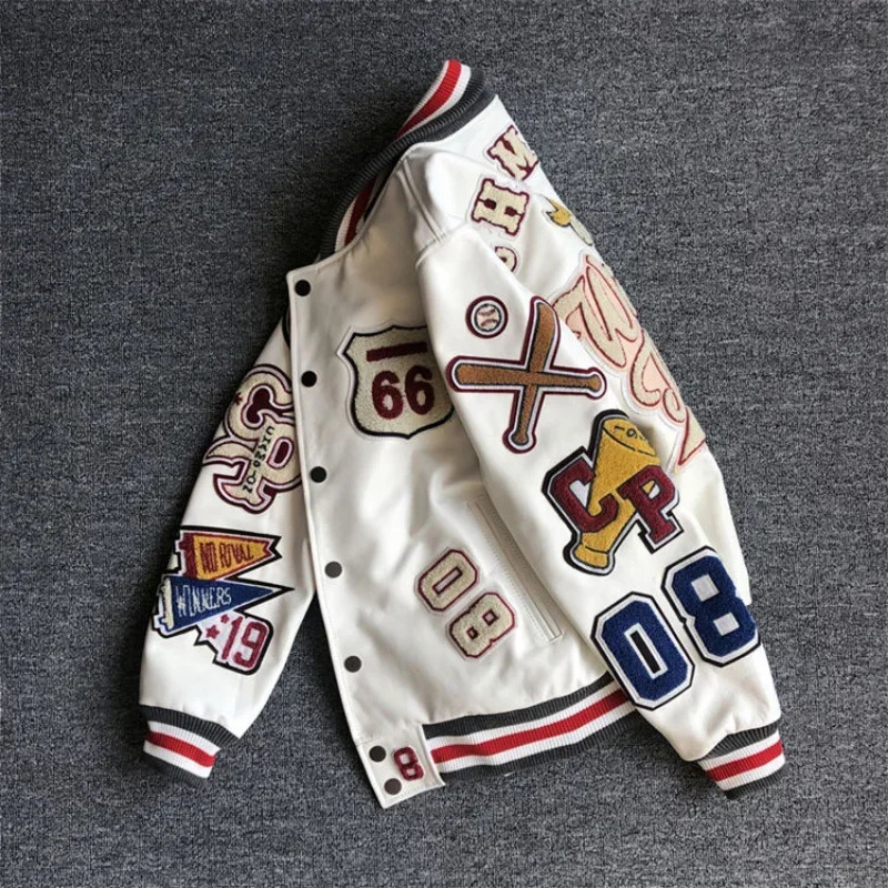 Men's spring and autumn baseball uniform Y2K retro trend leather jacket heavy industry embroidery white short coat ins 240124
