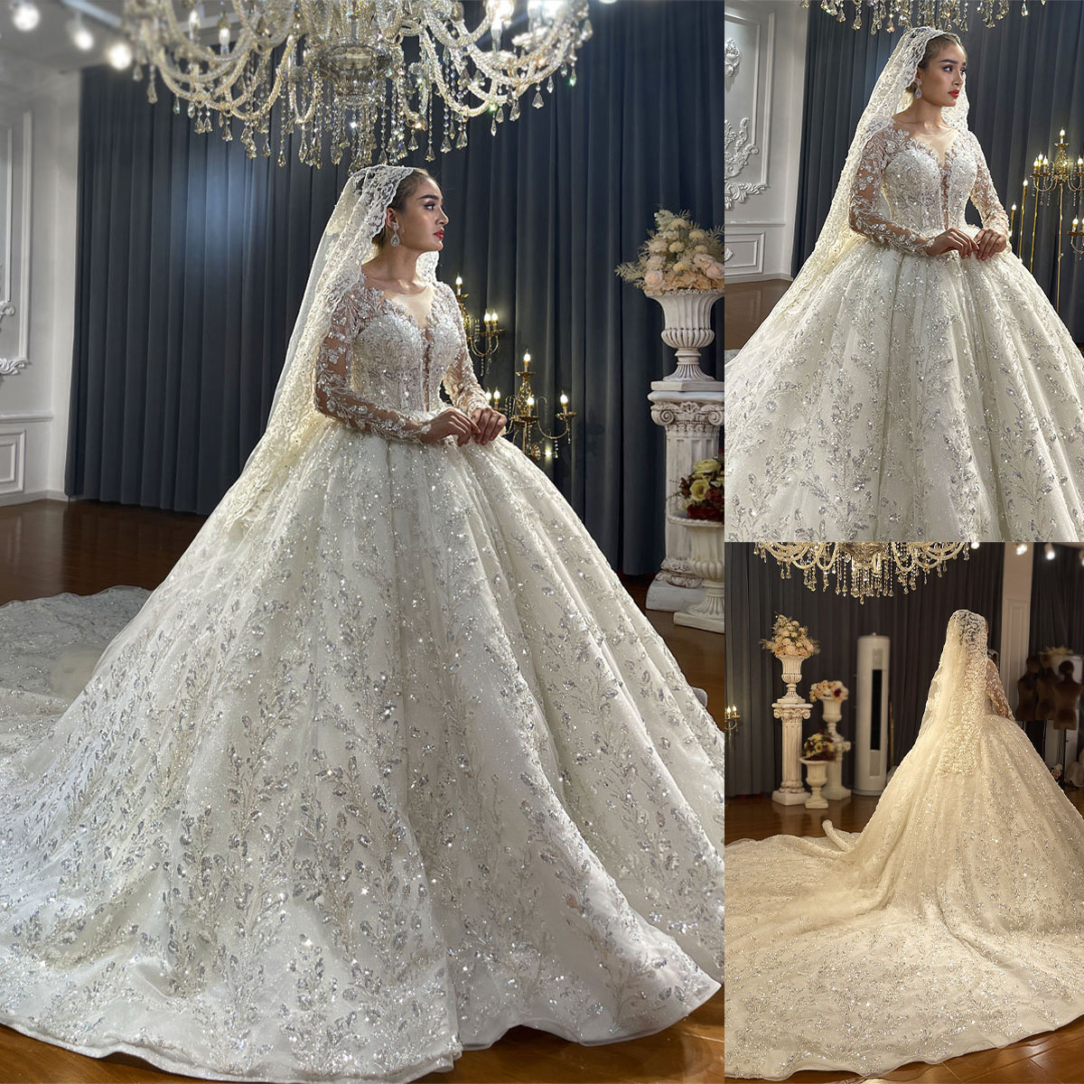Ball Gown Wedding Dresses Sheer Neck Long Sleeves Bridal Sequins Appliques Court Train Princess Marriage Gowns Custom Made