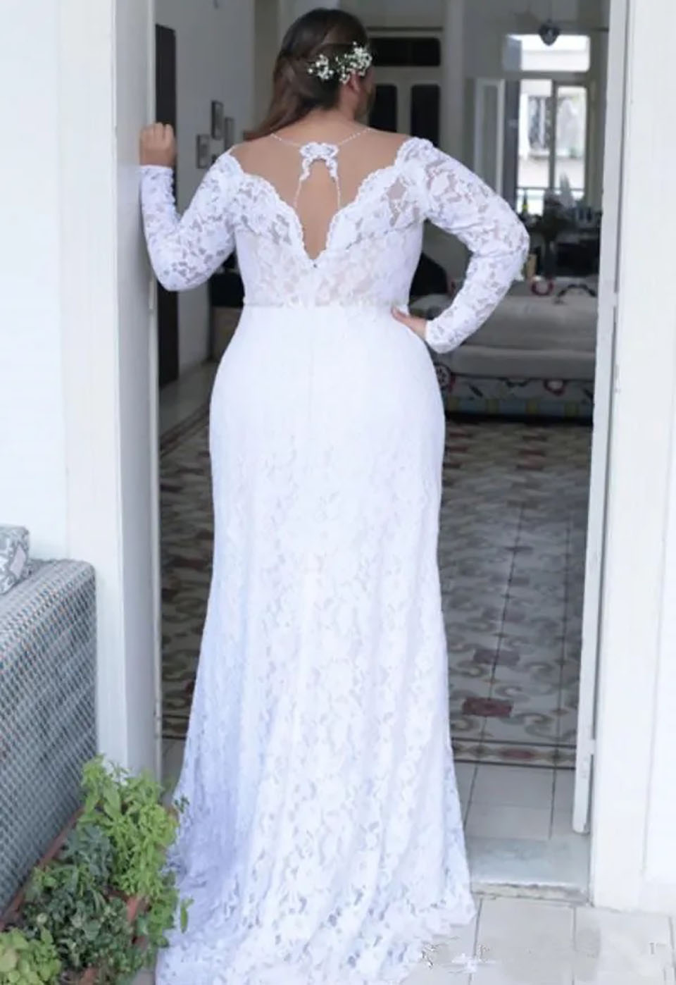 White Wedding Dresses Ivory Lace Bridal Gowns Formal Applique Custom Zipper Lace Up Plus Size New V-Neck Backless Button Mermaid Trumpet Long Sleeve I