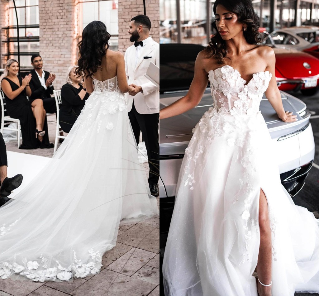 Lace Summer Bohemian Tulle Wedding Dresses A Line Sweetheart Backless Appliques Split Long Bridal Gowns BC18156 ppliques