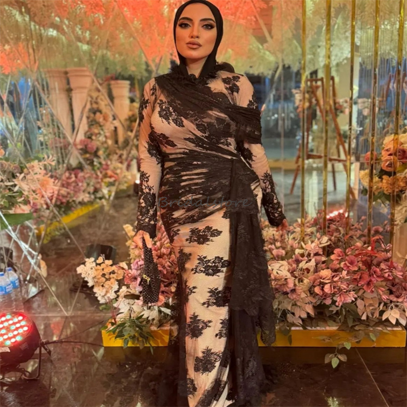 Vintage Black Lace Muslim Evening Dresses Elegant Saudi Arabic Sheath Plus Size Prom Dress High Neck Long Sleeve Moroccan Abayas Dubai Formal Dress Ve