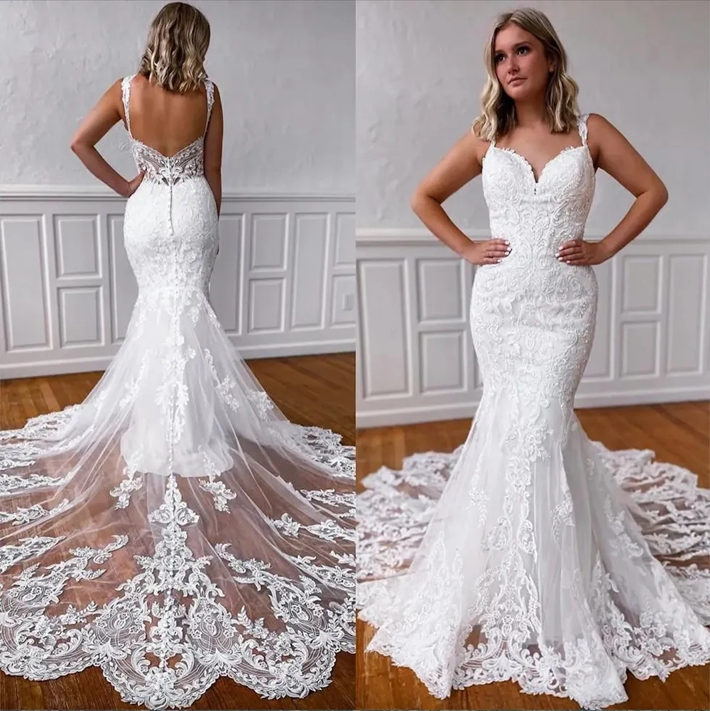 Gorgeous Lace Mermaid Wedding Dresses Bride Gown Spaghetti Straps Applique Sweep Train Covered Buttons Custom Made Plus Size vestido de novia