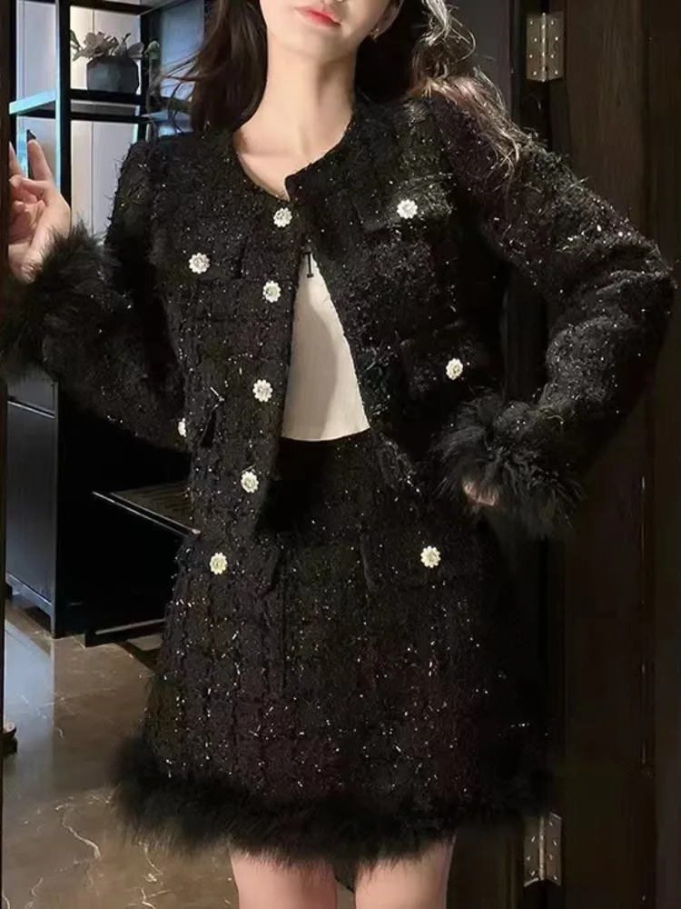 puffer jacket french vintage 2 pieces sets tweed jacket short coat feather splicing blazerhigh waist mini skirt suit winter jacket women