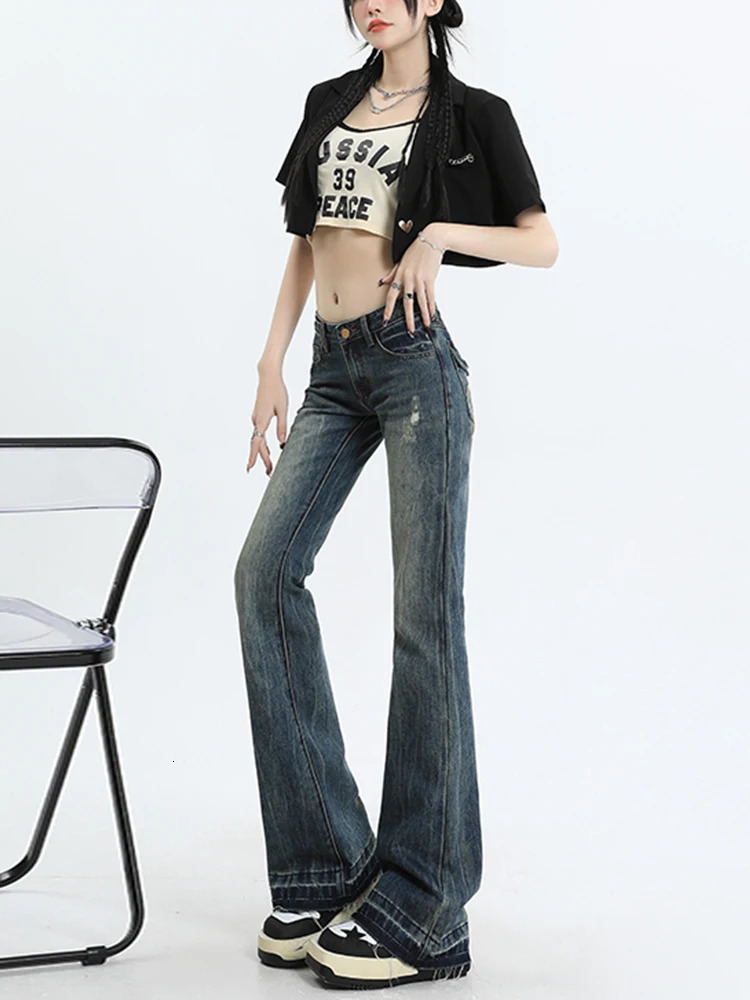 American High Street Vintage Denim Flare Pants Pantalones De Mujer 2023 Fashion Y2K Jeans Female Horseshoe 240129