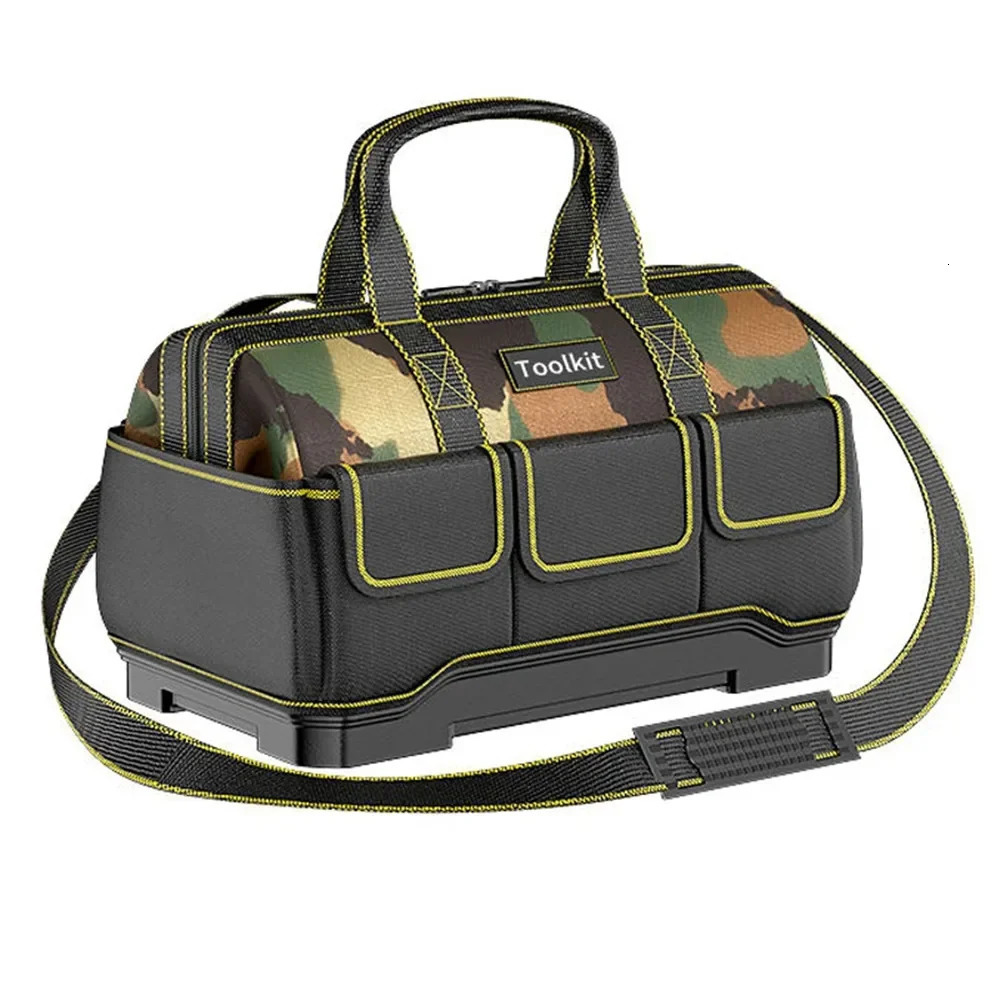 Camouflage Tool Bag with Plastic Bottom Shoulder Strap Multiple Pockets Pounch Storage Organizer for Electrician 240123