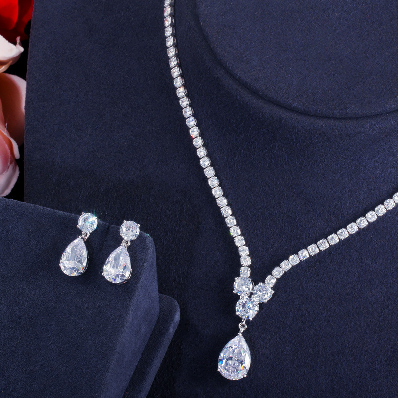 Choucong Original Wedding Jewelry Sets Luxury 18k White Gold Fill Water Drop 5A Cubic Zircon CZ Diamond Party Women Stud Earrings Bridal Tennis Neckla
