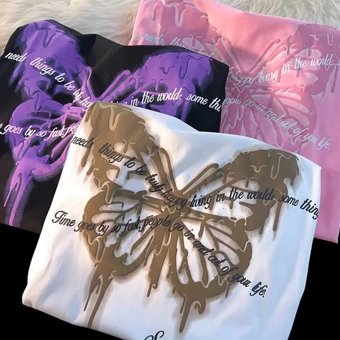 American Creative Butterfly Letter Round Neck Short Sleeve T-shirt Men and Women Oversize Summer Cotton Loose Couple Y2k Top Ins 240129