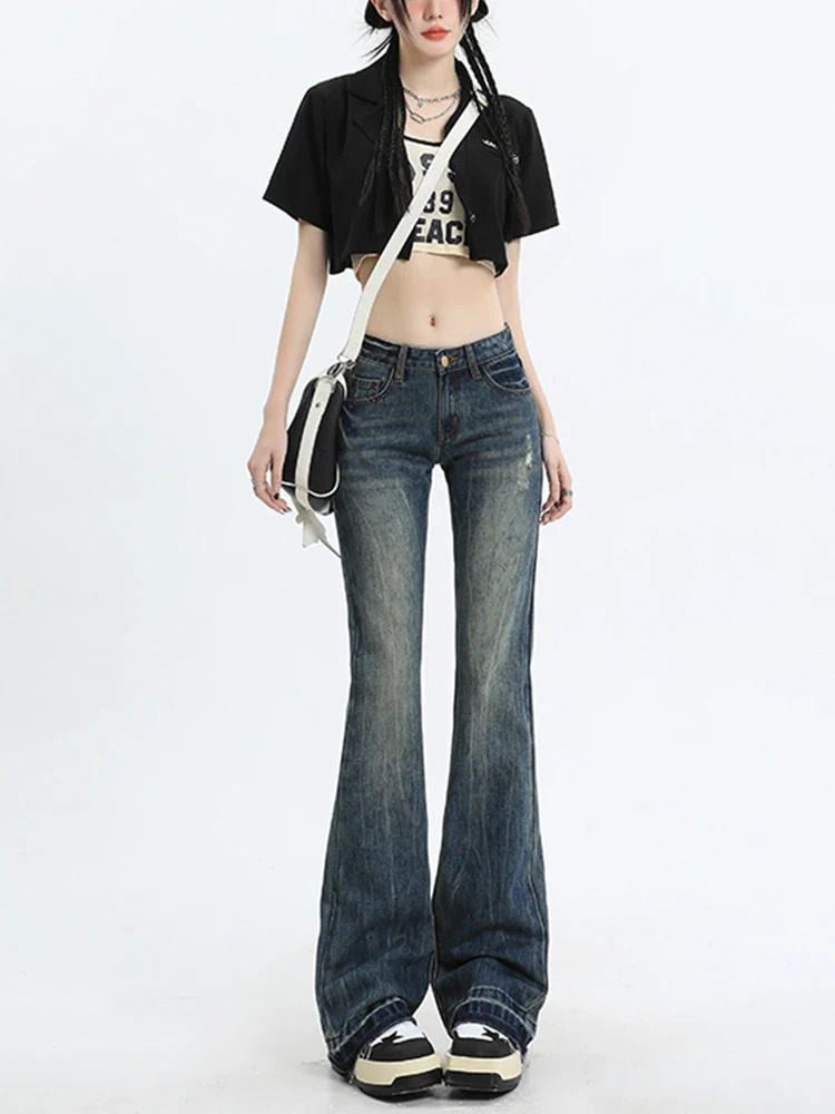 American High Street Vintage Denim Flare Pants Pantalones De Mujer 2023 Fashion Y2K Jeans Female Horseshoe 240129