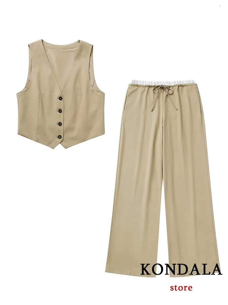 KONDALA Vintage Khaki Office Lady Suit VNeck Single Button Sleeveless Vest High Waist Long Straight Pants Fashion Autumn 240123
