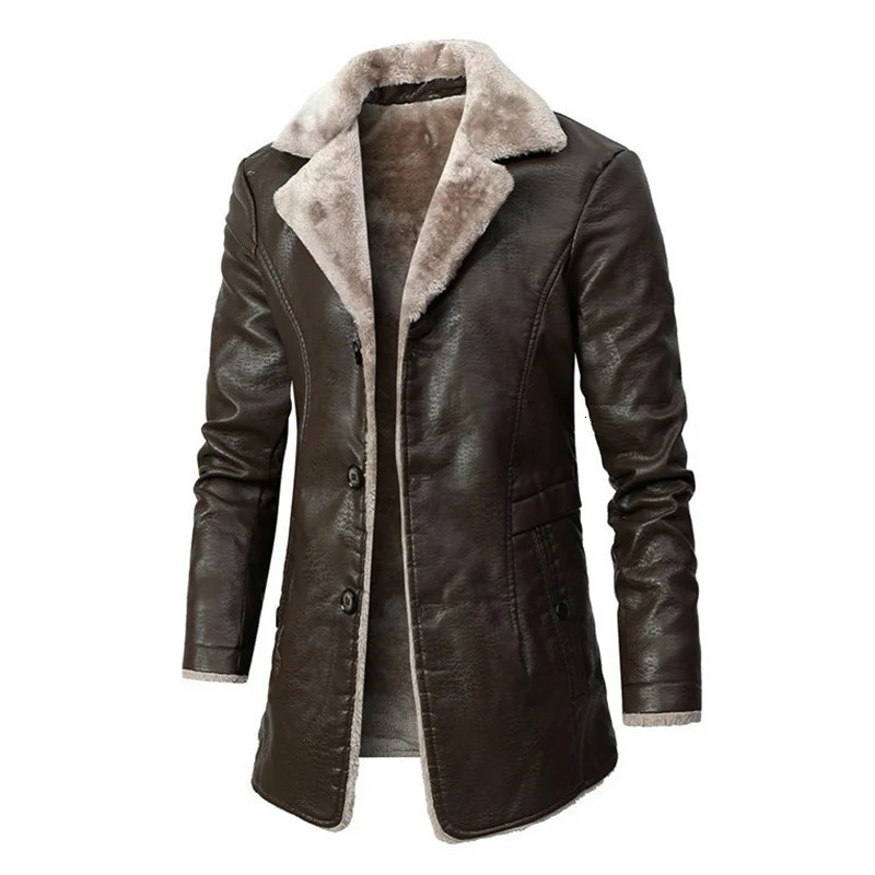Men Winter Long Thick Fleece PU Leather Jacket Mens Streetwear Casual Business Clothing Porcket Leather Jackets Coat Outwear Men 240126