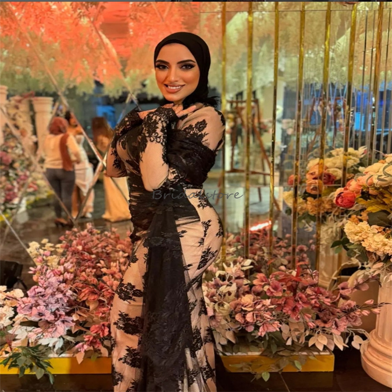 Vintage Black Lace Muslim Evening Dresses Elegant Saudi Arabic Sheath Plus Size Prom Dress High Neck Long Sleeve Moroccan Abayas Dubai Formal Dress Ve