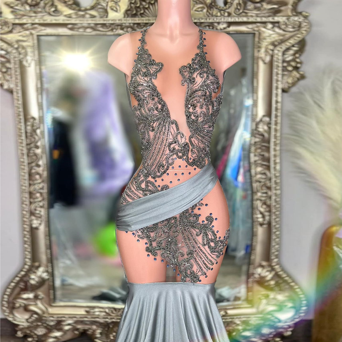 New Sexy Mermaid Prom 2024 Beads Sequined Rhinestones Illusion See Through Formal Party Evening Dress Birthday Gowns Vestidos De Noche 0521