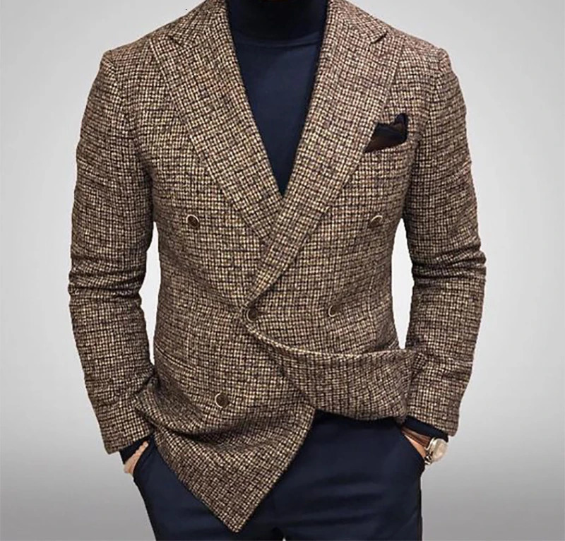 Autumn and Winter Elegant Mens Jackets Knit Men Blazer Slim Fit Fashion Versatile Casual Checkered Long Sleeves Suit Coat 240124