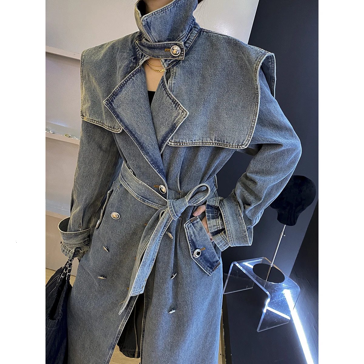 Getspring Women Denim Trench Coat 2023 SpringTemperament Double Breasted Lace Up Loose Long denim Coat All Match Fashion 240201