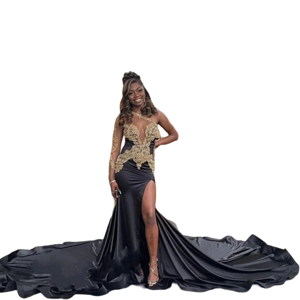 2024 Sexy Black Prom Dresses One Shoulder Mermaid Plus Size Floor Length Long Sleeve Illusion Gold Lace Appliques Crystal Beads Evening Gowns Side Spl