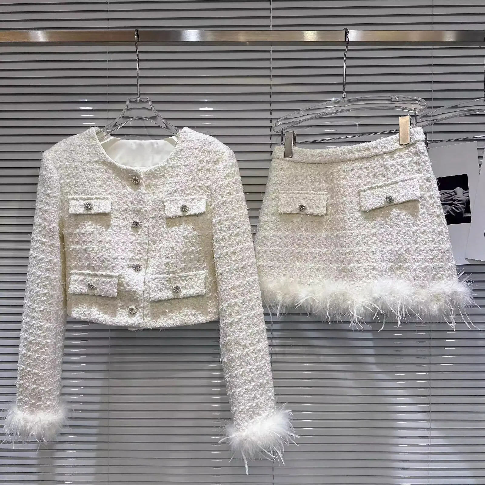 puffer jacket french vintage 2 pieces sets tweed jacket short coat feather splicing blazerhigh waist mini skirt suit winter jacket women