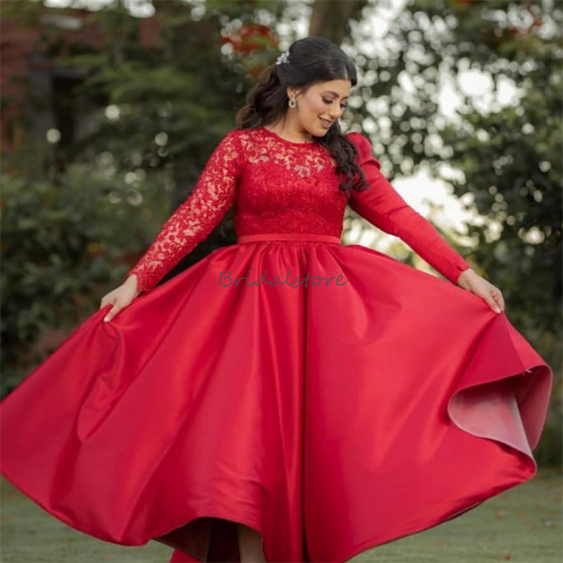 Elegant Arabic Red Evening Dresses Midi Long Sleeve Lace Prom Dress O Neck Long Sleeve A Line Cocktail Party Gowns 2024 Reception Second Party Dress V