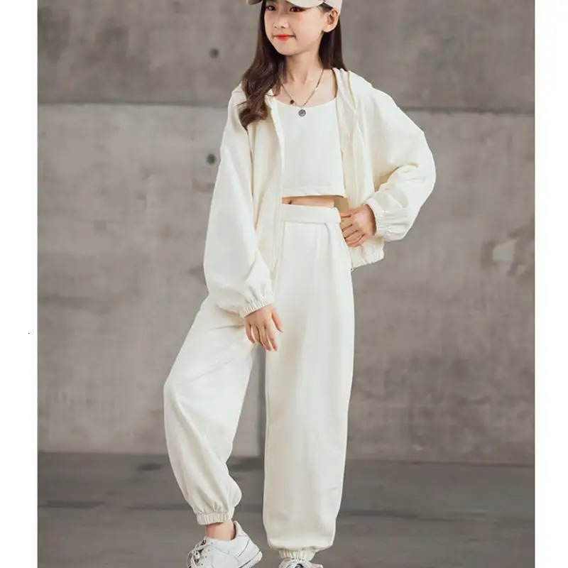 2024 Spring Autumn3Pcs Kids Tracksuit Fashion Kids Clothes Girl Sport Suits Solid VestZipper CoatPants Outfits 5-16 Y 240118