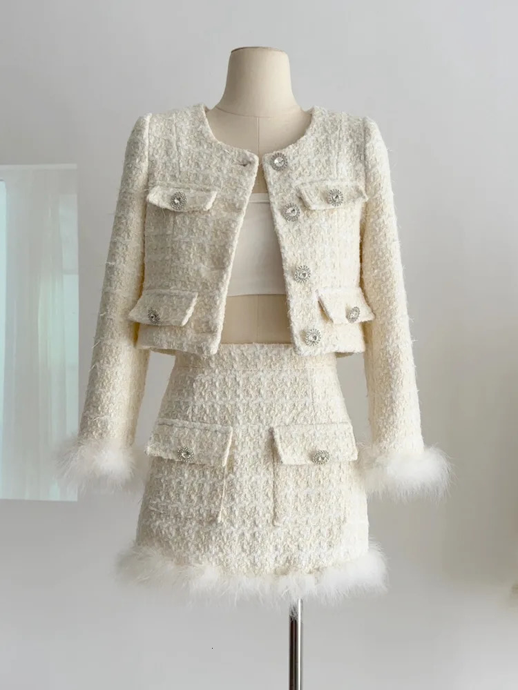 puffer jacket french vintage 2 pieces sets tweed jacket short coat feather splicing blazerhigh waist mini skirt suit winter jacket women
